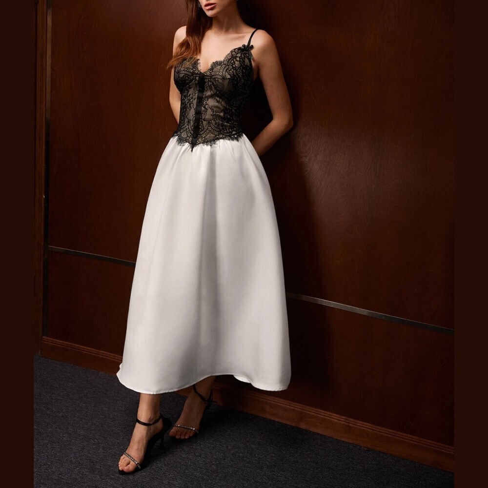 Black Lace Bodice Ivory Satin Contrast Tie Strap Maxi Dress